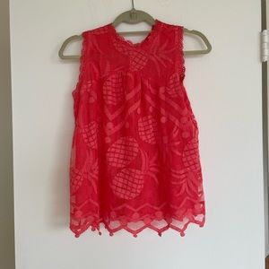 Maeve from Anthropologie shirt with pineapple embroidery. Coral color